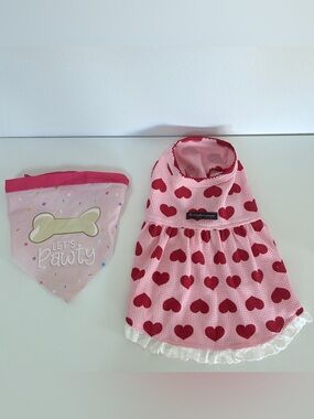 Pink/Red Pet Clothes/Dress + Bone Pattern Scarf Set